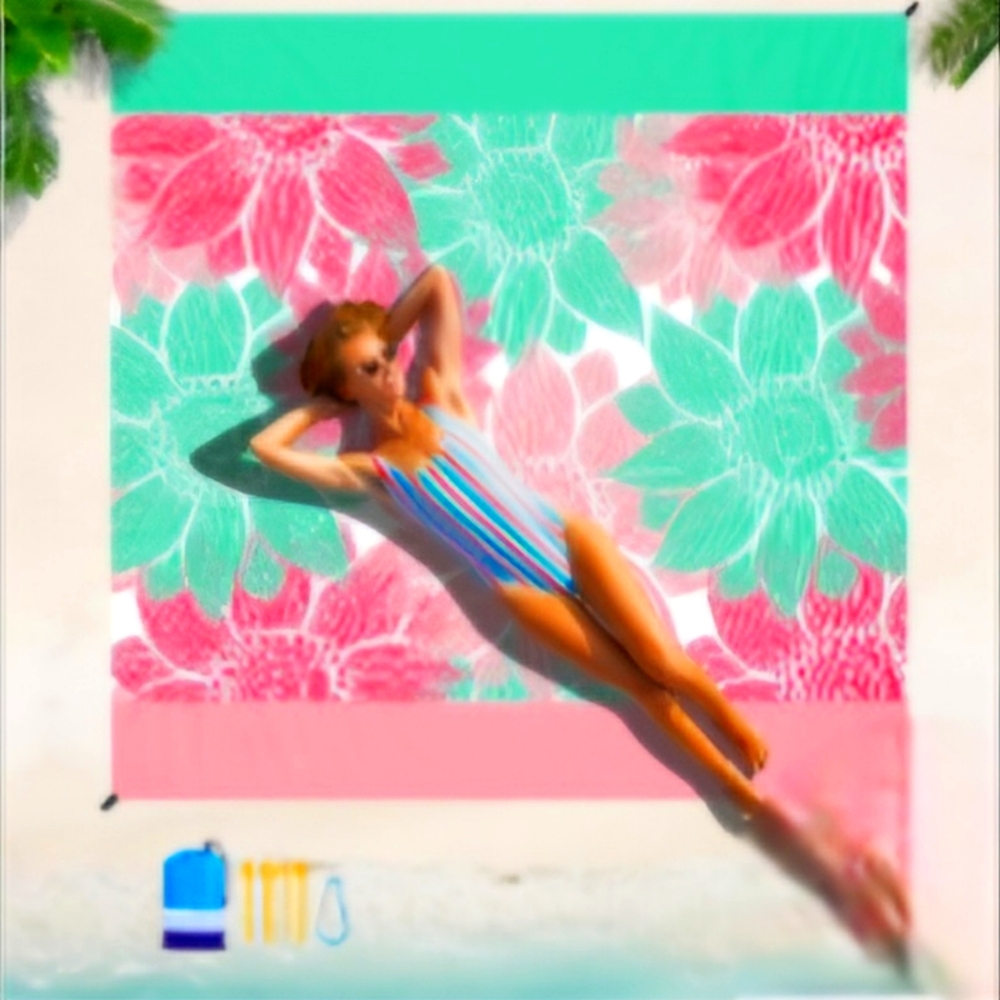 Turquoise and Pink Flowers Beach Blanket 78''×81''